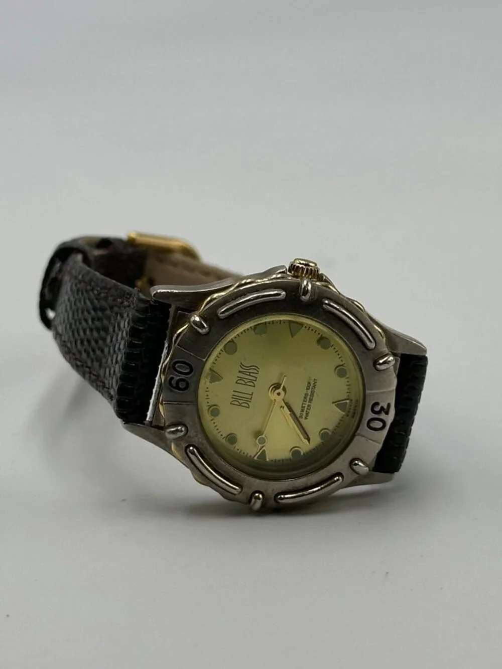 3/$30 Vintage Bill Blass Watch Women Silver Tone Gold Dial Leather Band 7.5